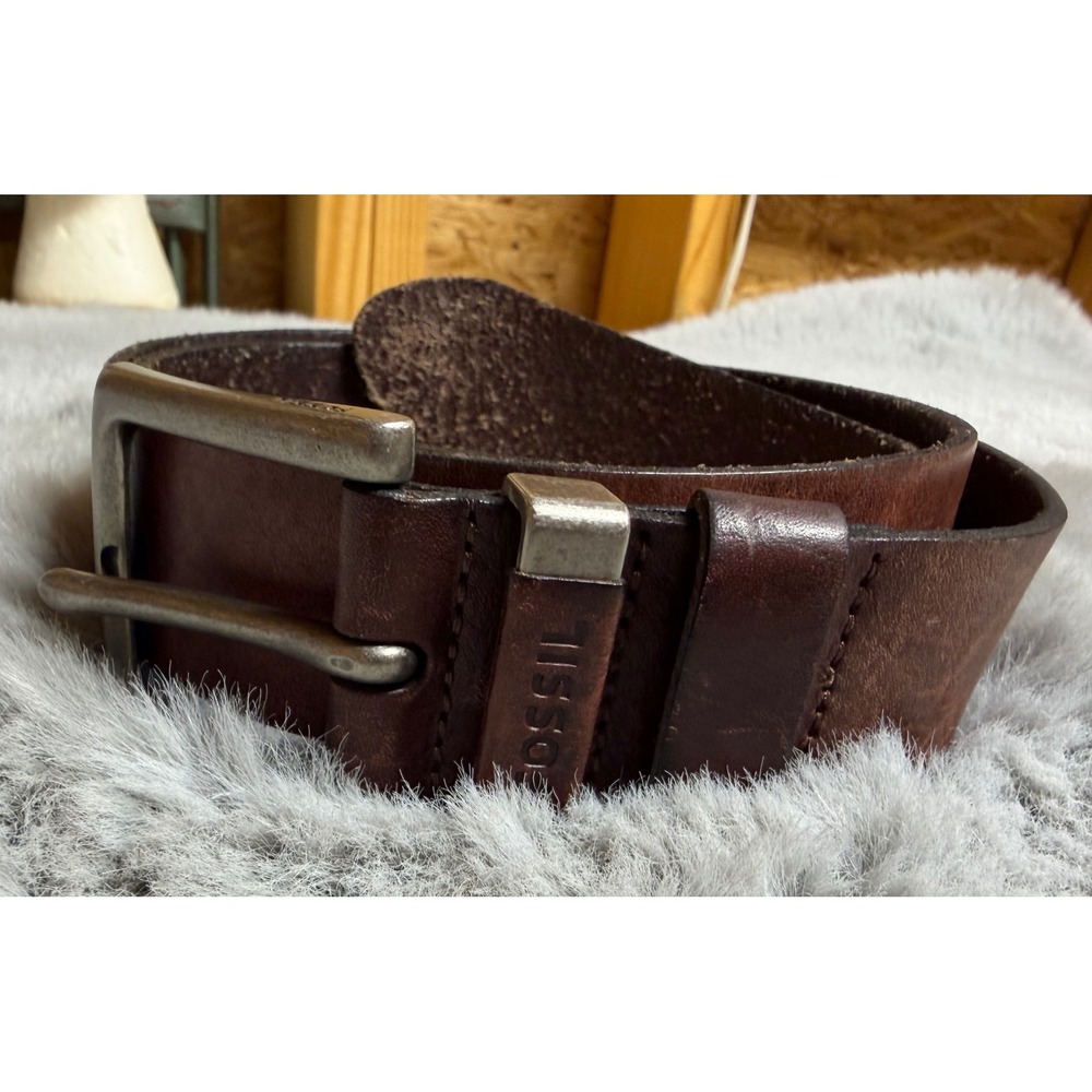 Fossil Mens Dark Brown Genuine Leather Belt MB136120038 Sz 38 Distressed Buckle - Picture 4 of 6